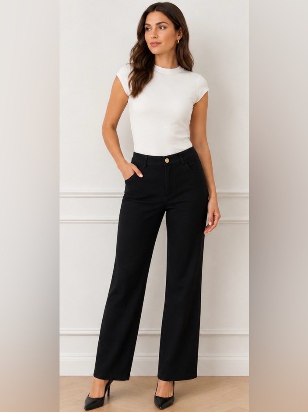 St. John Sport Black Wide Leg Pants Size 8 Gold Logo Button USA Made